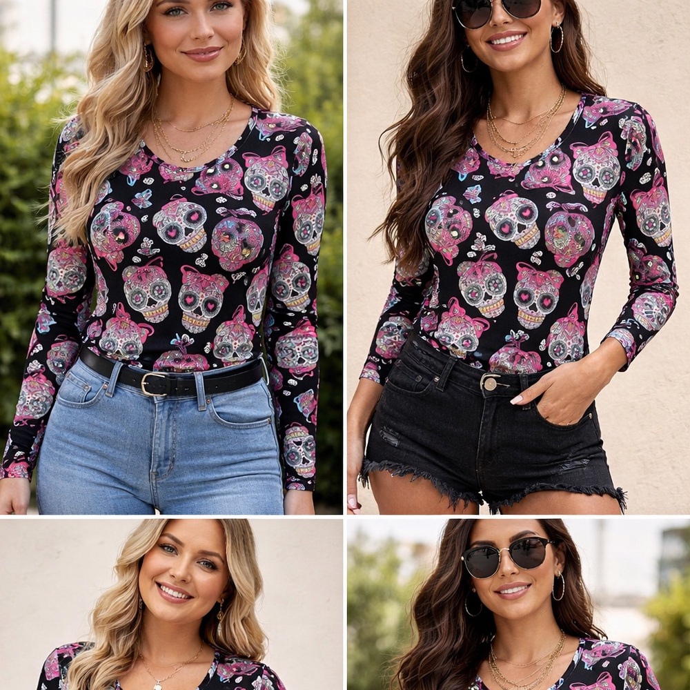 No Boundaries Skull Print Long Sleeve Top medium Gothic sheer